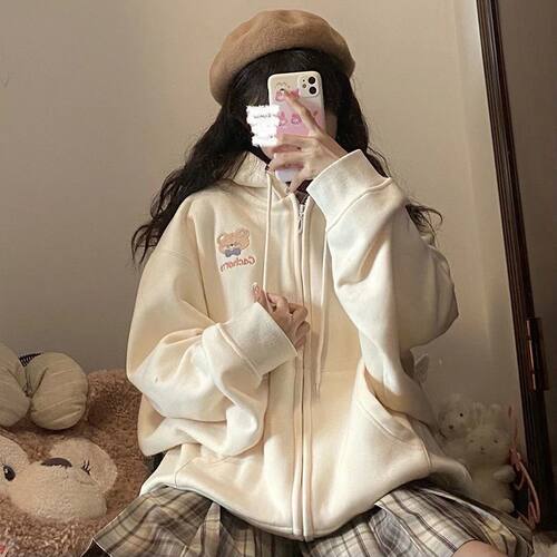 小熊日系可爱软妹外套女秋冬季加绒学生宽松休闲百搭连帽开衫卫衣