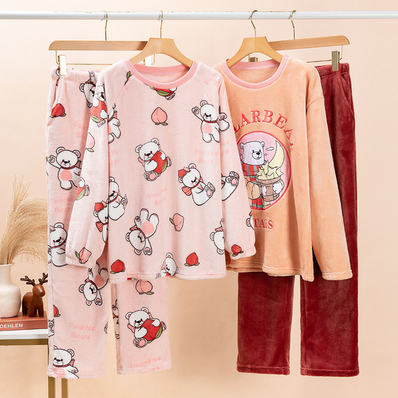 秋冬季加绒加厚珊瑚绒睡衣女上衣冬款法兰绒家居服暖暖套装居家服