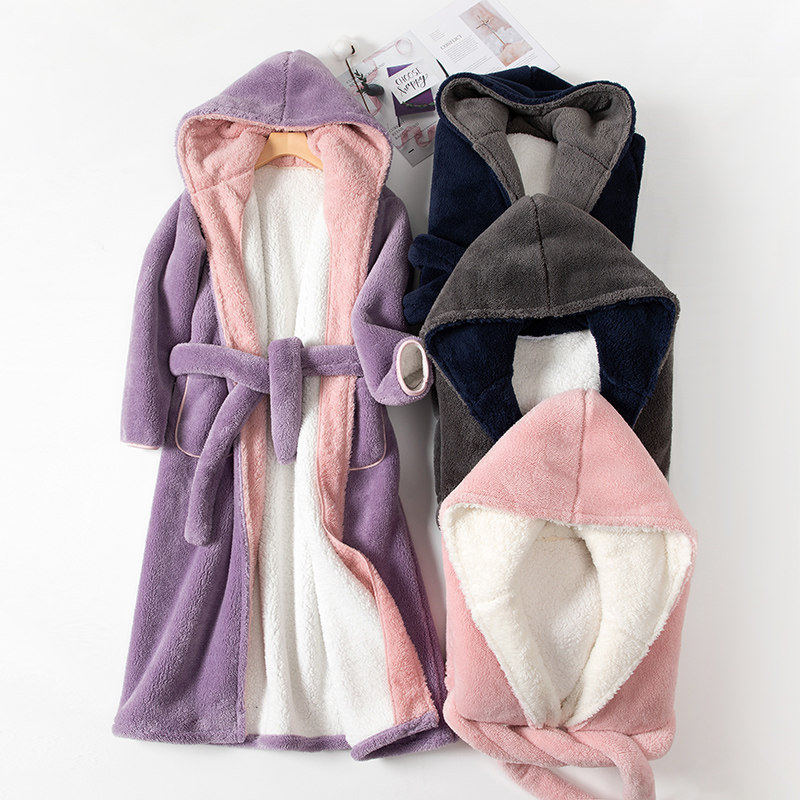 睡袍女冬款珊瑚绒睡衣加厚羊羔绒长款冬季加绒男士长袍法兰绒浴袍