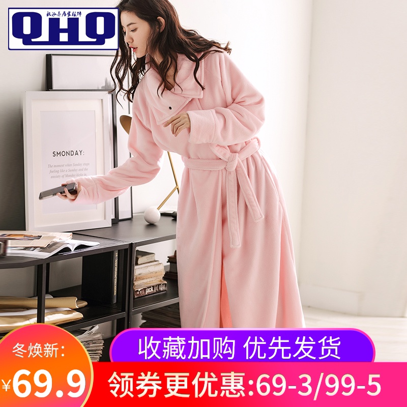 睡袍女秋冬珊瑚绒睡衣加厚长款冬季可外穿长袍加长法兰绒冬浴袍