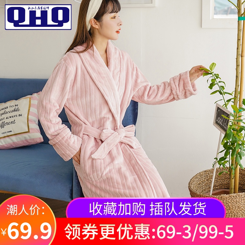 睡袍女秋冬珊瑚绒睡衣加厚长款冬季可外穿长袍加长法兰绒冬浴袍