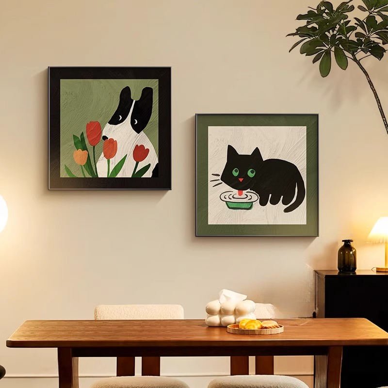 中古风餐厅装饰画卡通动物多巴胺客厅挂画复古高级感组合卧室壁画图片