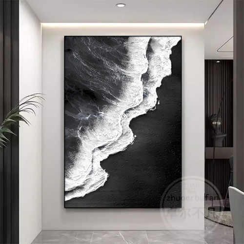 手绘油画黑白浪潮立体肌