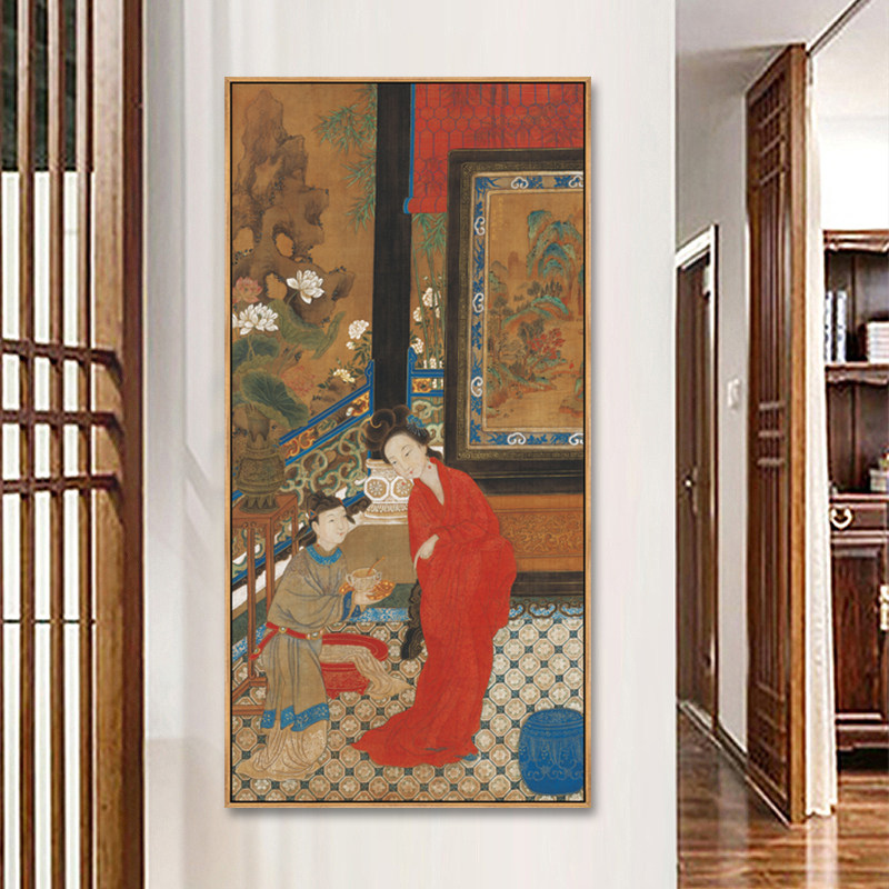 贵妃出浴图装饰画复古仕女图挂画新中式客厅书房国画过道墙面壁画