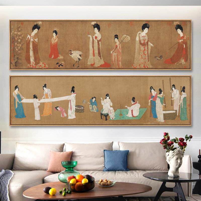簪花仕女画挂画捣练图新中式客厅装饰画茶室办公室壁画卧室床头画