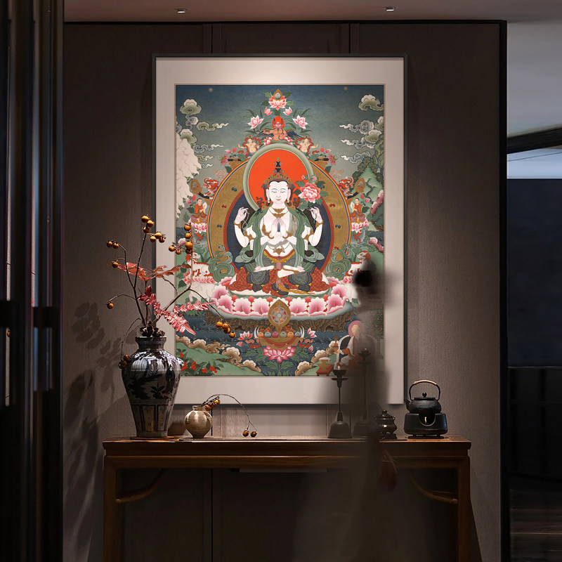 西藏热贡四臂观音菩萨唐卡画像手绘复制客厅挂画玄关供奉装饰画