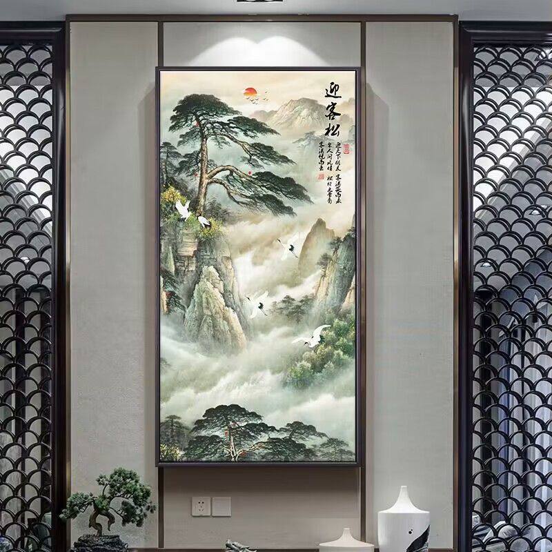 新中式迎客松国画山水风景画走廊过道装饰画竖版高山流水玄关挂画