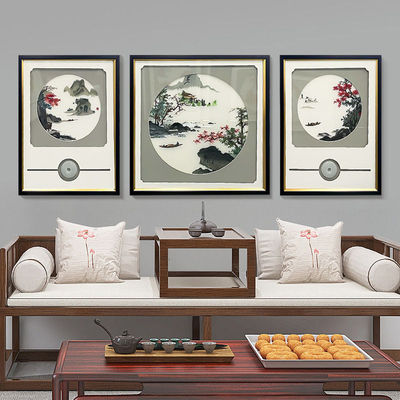 高货刺绣中式沙发背景装