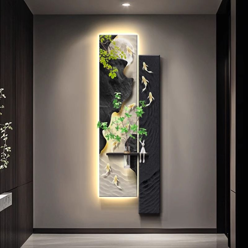 水培绿植玄关装饰画立体感艺术走廊过道画九鱼图入户造型墙面壁画图片