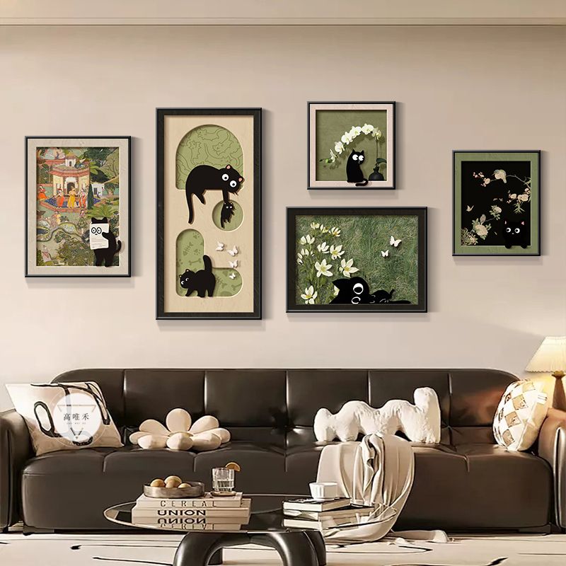 客厅法式中古风装饰画猫咪小众艺术组合画复古沙发背景墙美式挂画图片