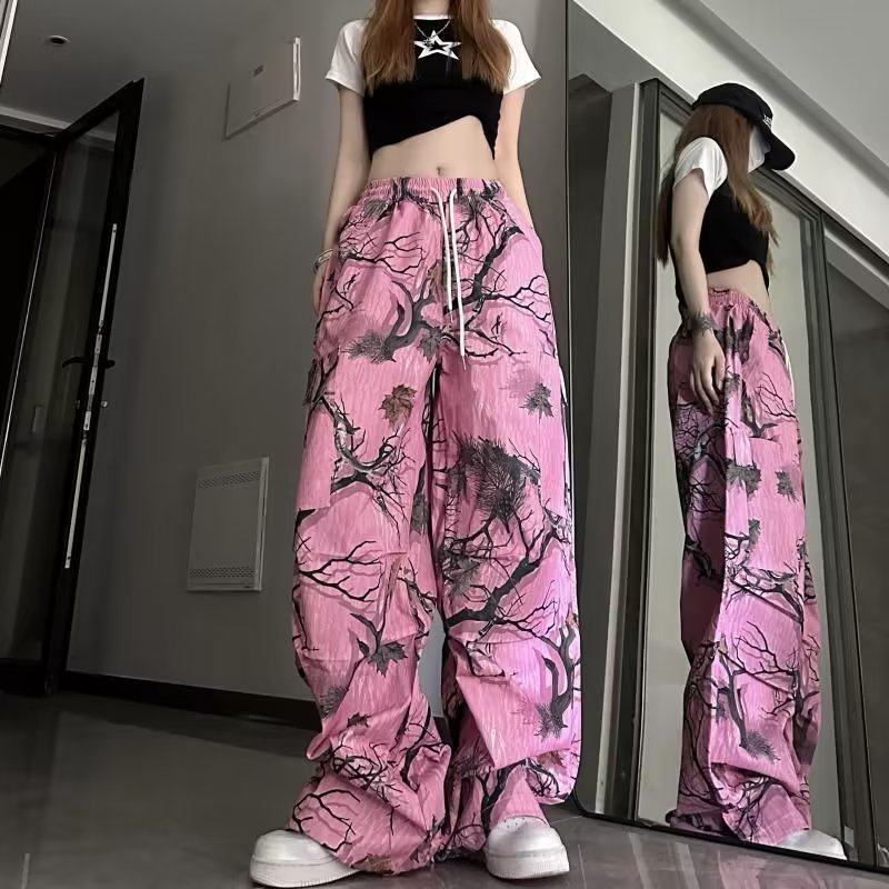 美式复古休闲裤女夏季宽松显瘦树枝印花百搭设计感绑带直筒阔腿裤