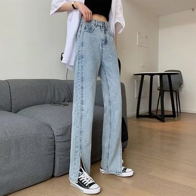浅蓝色开叉牛仔裤女春季小众设计感高腰显瘦小个子窄版直筒裤裤子