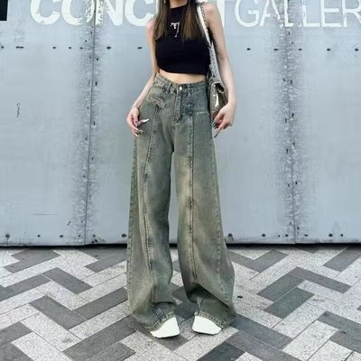 美式复古高腰显瘦阔腿牛仔裤女