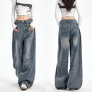 复古水洗慵懒阔腿牛仔裤 子 女2025新款 春秋高腰显瘦拖地宽松直筒裤