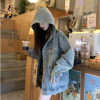 复古日系2025新款连帽牛仔外套男女宽松春秋冬休闲百搭夹克情侣装