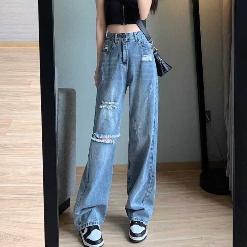 辣妹破洞牛仔裤女夏季薄款2023新款高腰显瘦直筒大码垂感阔腿长裤