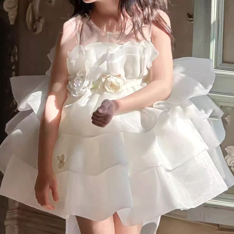 女童迪斯尼在逃公主裙儿童重工花朵蓬蓬裙甜美女孩生日礼服连衣裙