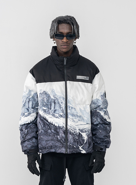 harsh and cruel尼龙拼接刺绣LOGO雪山全幅印花羽绒棉服秋冬外套