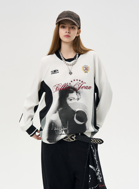 HACR人像印花拼色球衣 美式复古V领运动透气长袖T恤男女