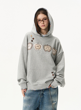 HACR苹果碎花贴布绣卫衣 复古韩系宽松休闲帽子撞色帽衫