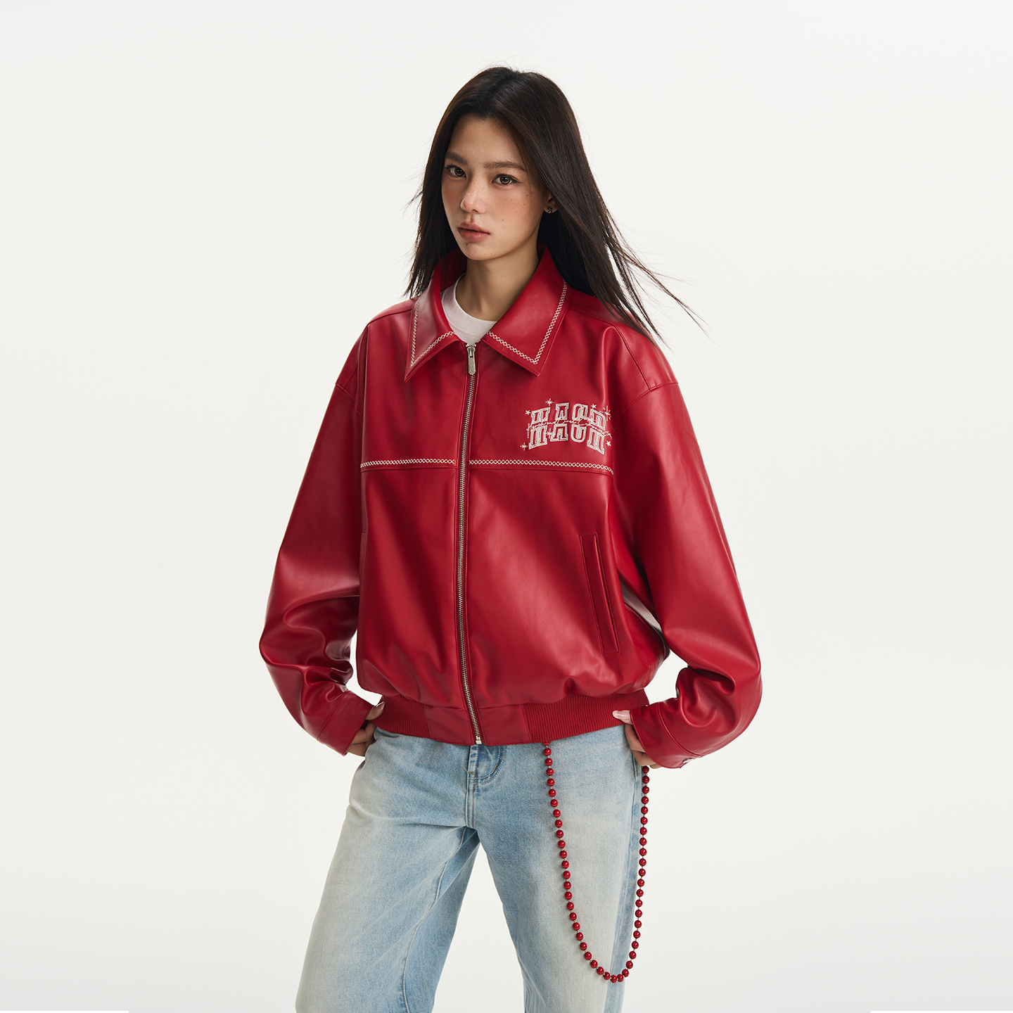 HACR烟花星星刺绣pu皮夹克 国潮牌潮流宽松复古运动韩系外套男女