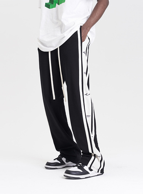 harsh and cruel 复古运动串标拼接条纹抽绳飘带宽松直筒卫裤长裤