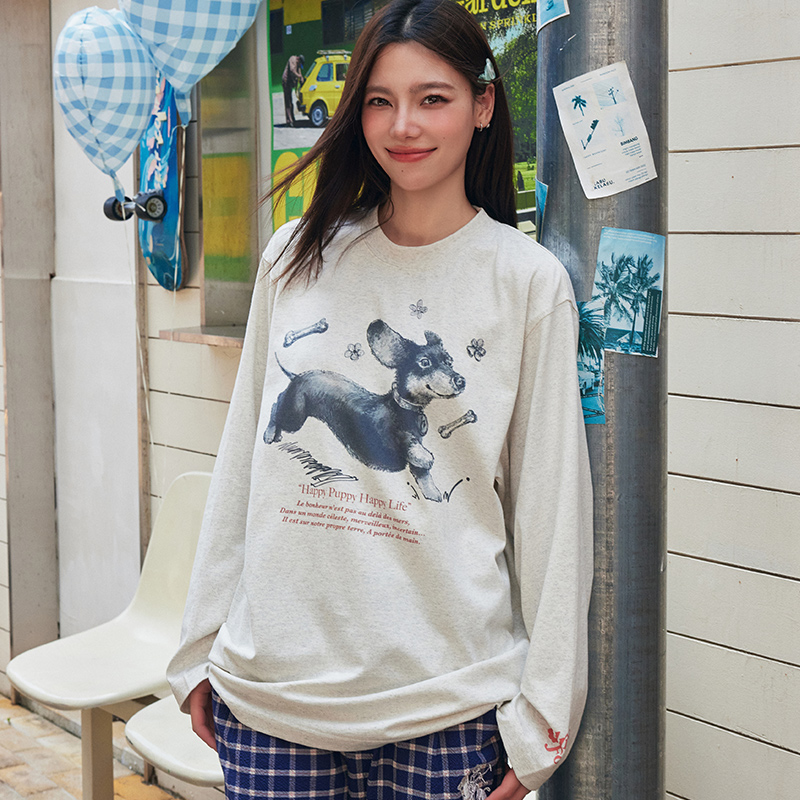 HACR手绘腊肠狗长袖t恤 早秋国潮牌宽松慵懒感韩系情侣装t恤男女