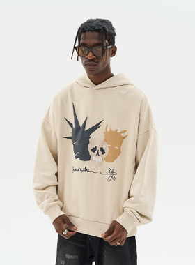 harsh and cruel 爆炸头人像手绘立体发泡宽松休闲连帽卫衣