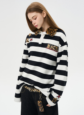 HACR海鸥领条纹polo可拆卸豹纹拼接刺绣长袖CORTIS风潮牌T恤男女