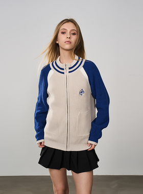 harsh and cruel 美式复古插肩袖撞色刺绣针织拉链开衫毛衣外套