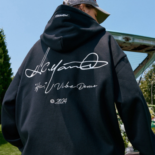 harshandcruel cleanfit简约手写字体排版刺绣宽松连帽开衫卫衣