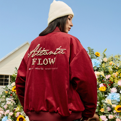 harshandcruel美式复古珍珠刺绣工艺丝绒bomber绗棉飞行夹克外套