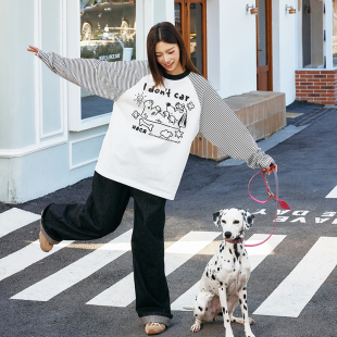 HACR丨harshandcruel韩系条纹拼接手绘慵懒情侣宽松插肩袖长袖T恤