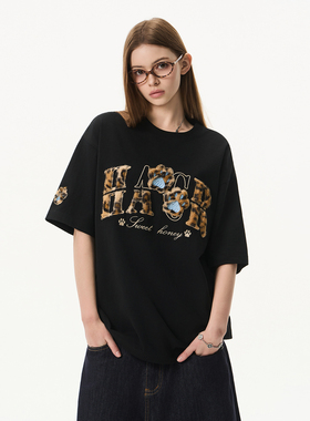 HACR豹纹贴布猫爪T恤 美式复古街头甜酷风国潮牌短袖