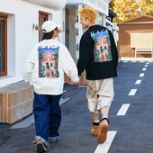 复古手绘落日直喷潮牌宽松长袖 HACR harshandcruel美式 T恤情侣