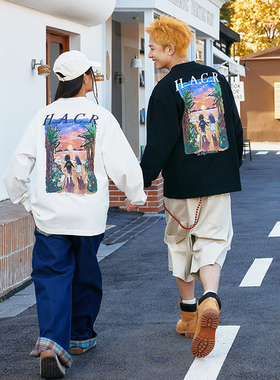 HACR丨harshandcruel美式复古手绘落日直喷潮牌宽松长袖T恤情侣