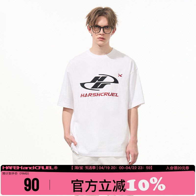 harshandcruel 赛车风格logo撞色高密刺绣宽松休闲短袖T恤