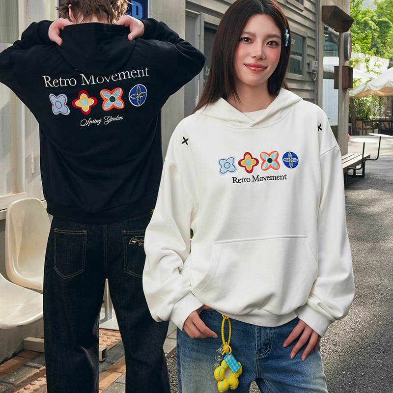 HACR四季花刺绣连帽卫衣 春秋装宽松国潮潮流撞色感情侣帽衫男女