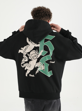 harsh and cruel 复古小天使嘻哈哥特字街头宽松印花连帽加绒卫衣