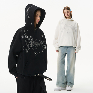 街头宽松休闲帽衫 HACR银河幻梦银线珍珠刺绣卫衣 美式