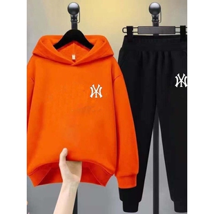 儿童纯棉运动套装秋冬新款男女童潮牌连帽卫衣卫裤加绒保暖两件套