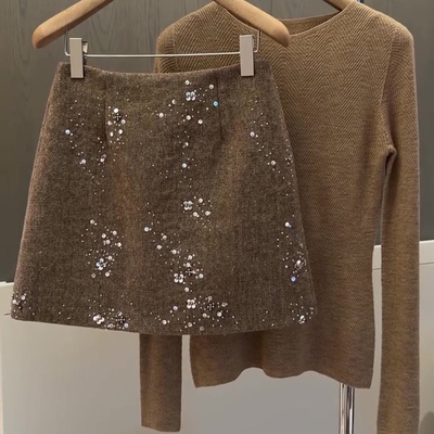 毛呢高级感浅棕色亮片短裙女秋冬