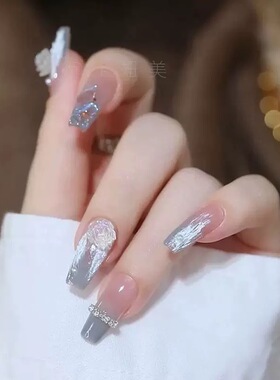 Silver Camellia Rhinestone Handmade Press On Nails