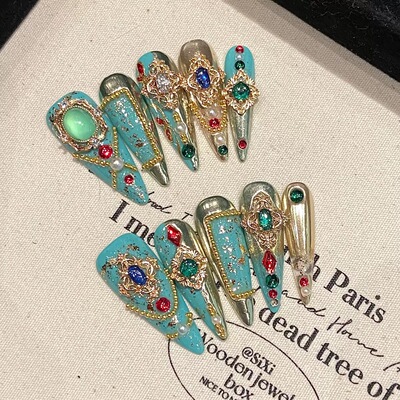 Luxury Vintage Turquoise Gem Long Stiletto Press On Nails