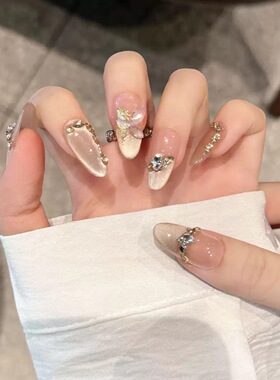 Elegant Nude Long Almond Cat Eye Flower Gem False Nails