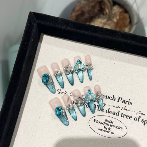 Blue Metallic French Heart Rhinestone Press On Nails