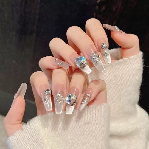 Elegant Nude Silver Tip Bling Crystal Handmade Fake Nails