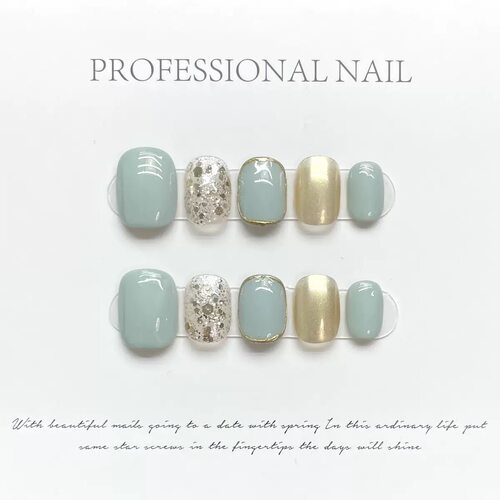 Handmade Mint Green Gold Foil Glitter Press On Nails