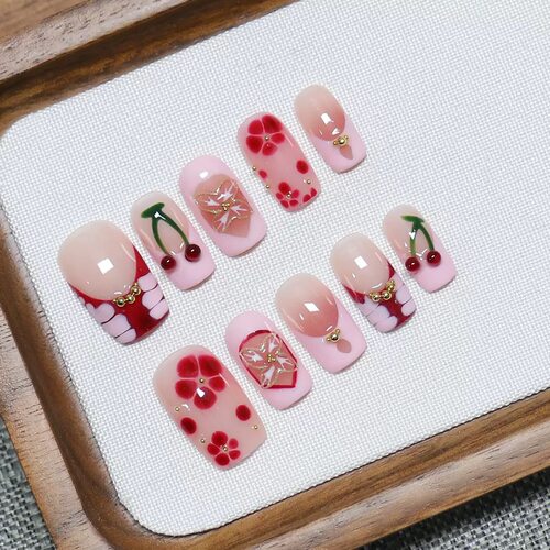 Cherry Floral Short Round Press On Nails
