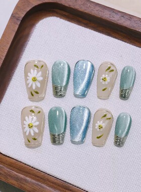 Light Blue Cat Eye Hand Painted Daisy Coffin Press On Nails